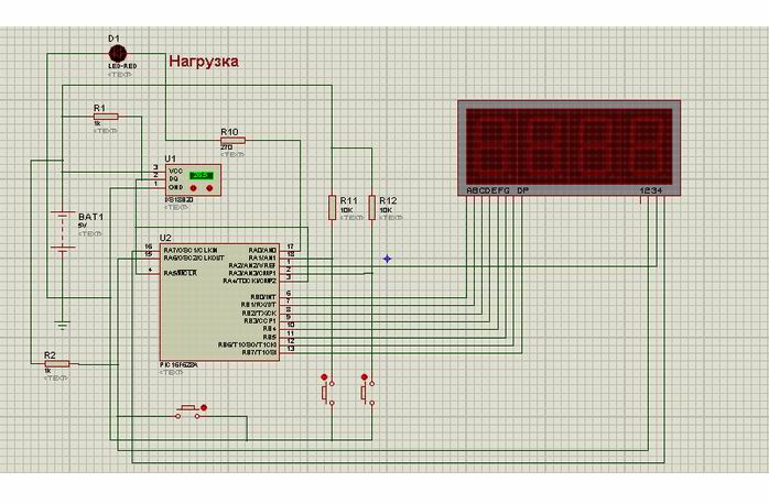Скриншот программы Proteus со схемой термостата.
