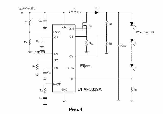 AP3039A - Схема подключения цепочки светодиодов